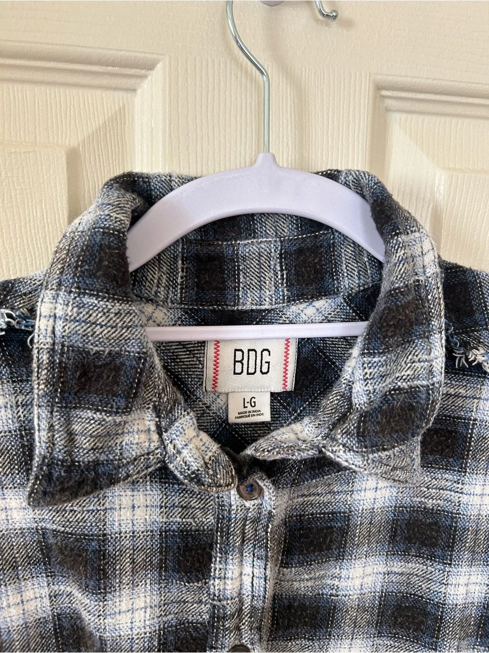 BDG Paid Button Down Size Large 100% Cotton Fringe Trim Oversized Navy Blue